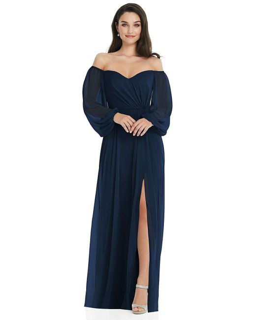 Dessy Collection Blue Off-the-shoulder Puff Sleeve Maxi Dress With Front Slit