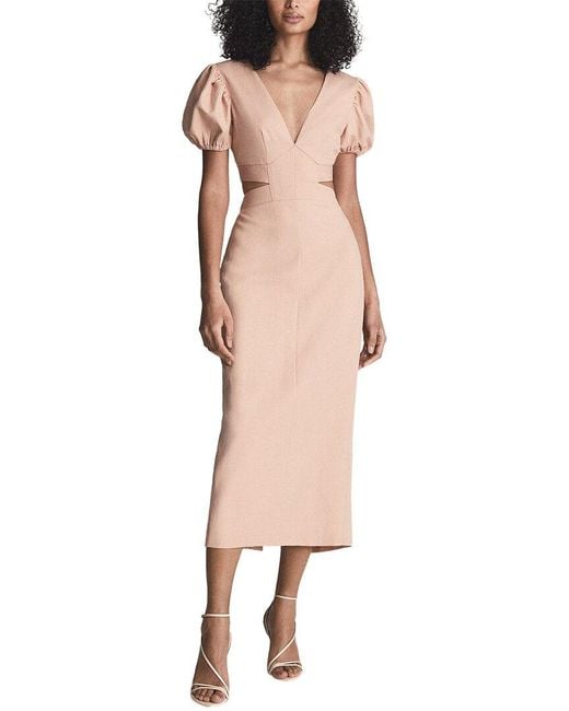 Reiss Natural Jennah Puff Sleeve Cutout Back Linen-Blend Midi Dress