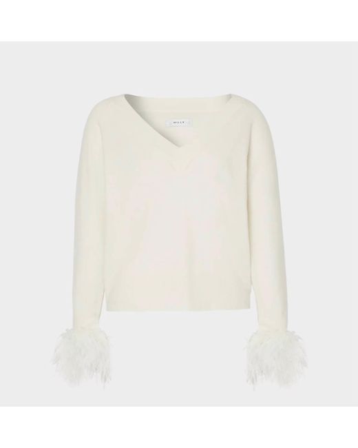 MILLY White Feather Cuff V-neck Sweater