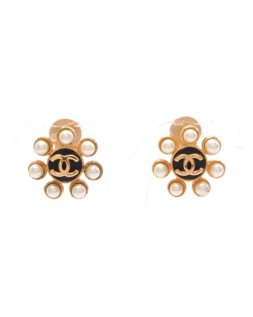 Chanel Metallic Coco Mark Earrings Flower Motif Gp Fake Pearl Gold Off95a