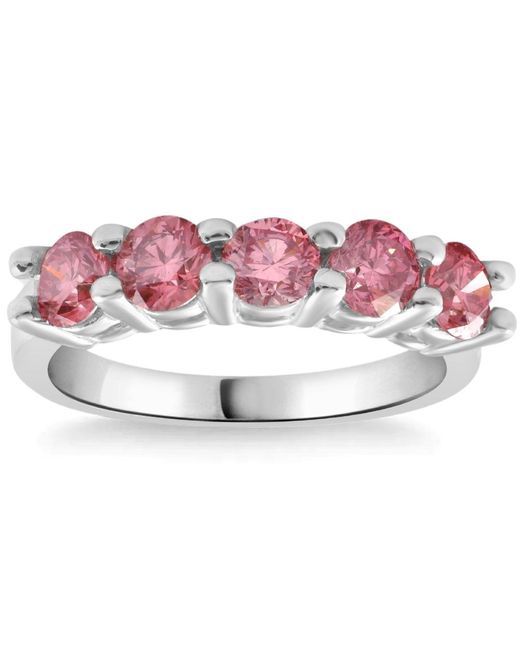Pompeii3 1ct Tw Five Stone Pink Diamond Wedding Ring Lab Grown Band 14k White Gold