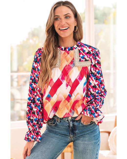 TRUEDAMES Red Abstract Geometric Pattern Patchwork Puff Sleeve Blouse