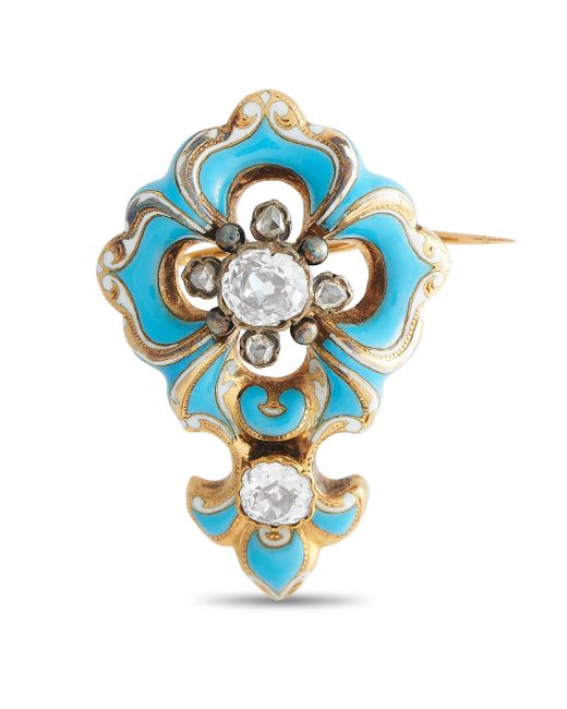 Non-Branded Blue Lb Exclusive 18k Yellow And Silver 1.60ct Diamond Enamel Brooch Mf18-041924