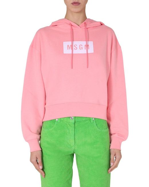 MSGM Red Cropped Boxy Hoodie With Drawstring