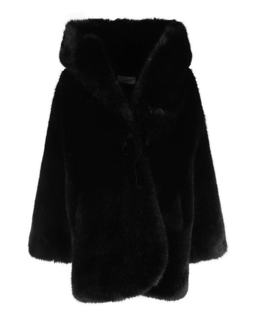 GIUSEPPE DI MORABITO Women's Black Plush Faux Fur Coat With Hood