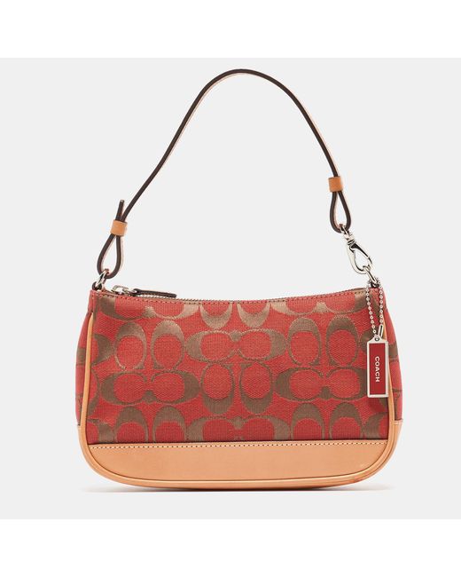 COACH Red /beige Signature Canvas And Leather Pochette Bag