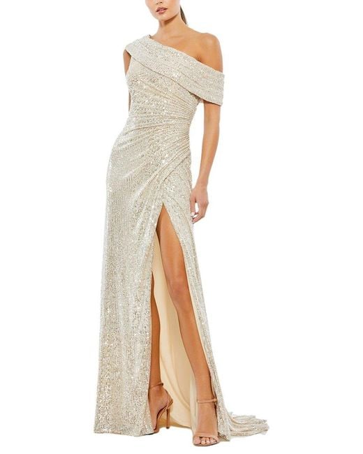 Mac Duggal White Sequined Drop Shoulder Gown
