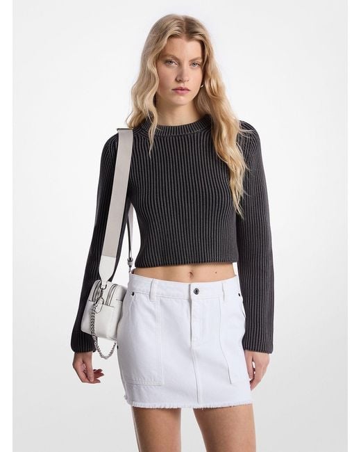 Michael Kors White Garment-Dyed Ribbed Cotton Cropped Sweater