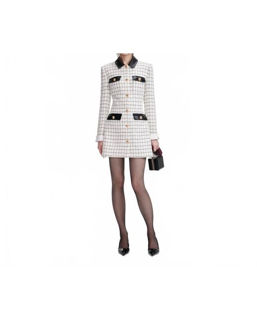 Self-Portrait Women's Black Check Boucle Long Sleeve Mini Dress Self-Portrait Women's Black Check Boucle Long Sleeve Mini Dress
