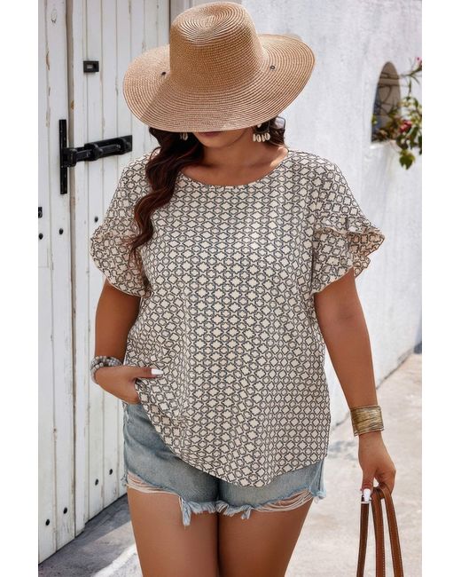 TRUEDAMES Gray Round Neck Allover Print Ruffle Sleeves Loose Top