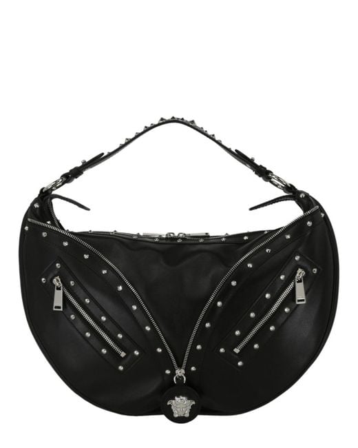 Versace Black Leather Zipper Studded Hobo Bag