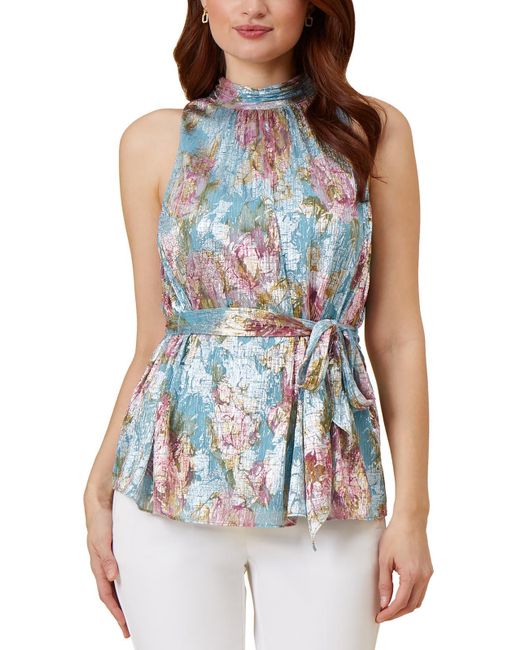 Adrianna Papell Blue Floral Print Mock Neck Blouse
