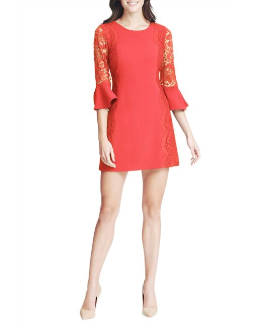 Kensie Women's Red Circular Flounce Lace Sleeve Sheath Dress