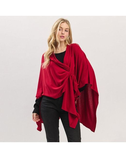 TRUEDAMES Red Asymmetrical Hem Solid Pull Through Draped Tie-Front Wrap Poncho
