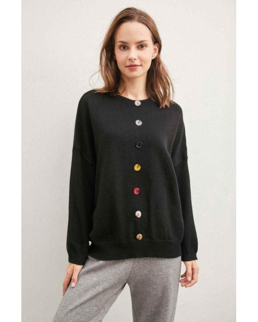 TRUEDAMES Black Solid Sweater With Colorful Buttons