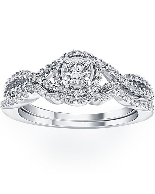 Pompeii3 Metallic 3/4ct Diamond Halo Infinity Engagement Wedding Ring Set 14k White Gold Lab Grown