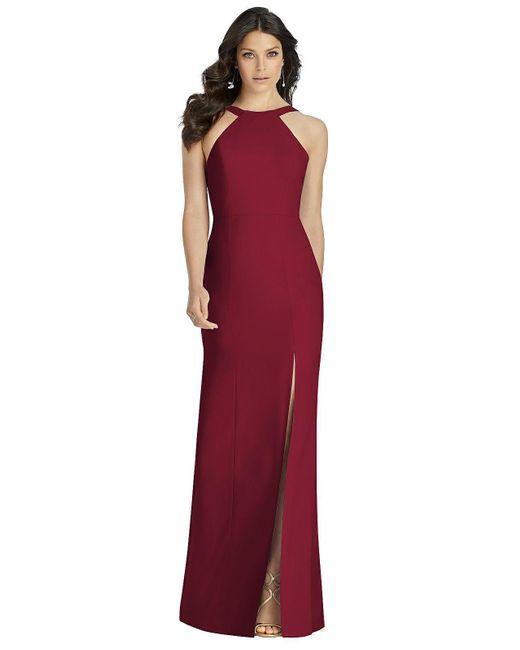Dessy Collection Red High-neck Backless Crepe Trumpet Gown