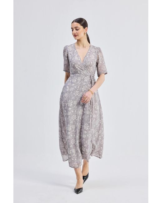 REISTOR Gray Maxi Wrap Floral Dress