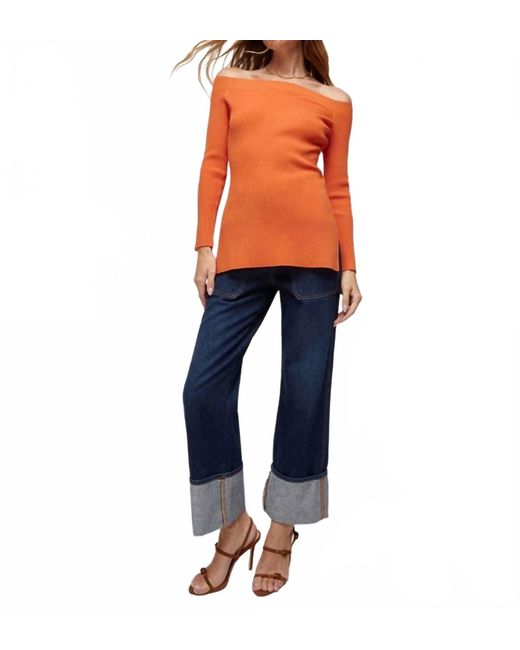 Veronica Beard Blue Derick Ribbed Off-Shoulder Pullover Top