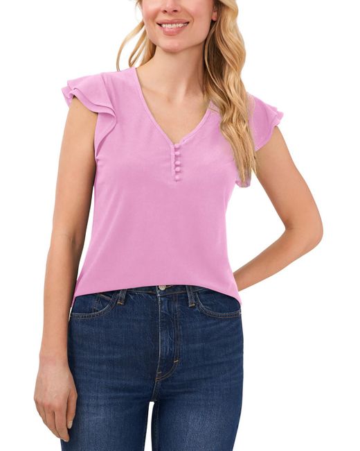 Cece Purple Ruffle Sleeves V-neck Pullover Top