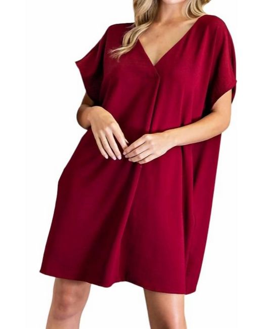 Eesome Red Short Sleeve V-neck Dress With Pockets Plus