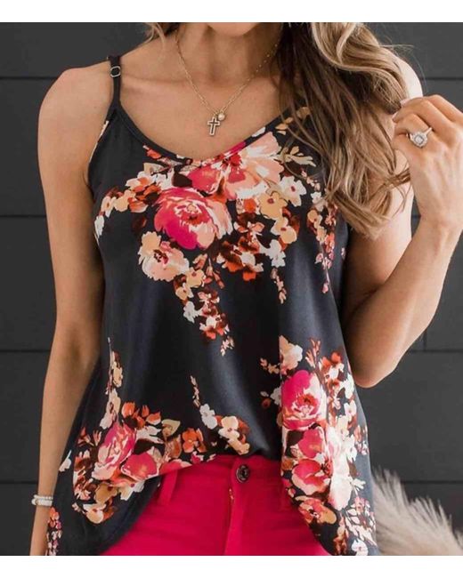 Shiying Fashion Red Floral Print Spaghetti Strap Tank