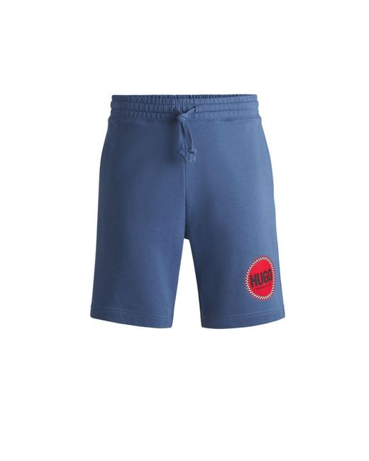 HUGO Blue Cotton-Terry Relaxed-Fit Shorts With Logo Print for men