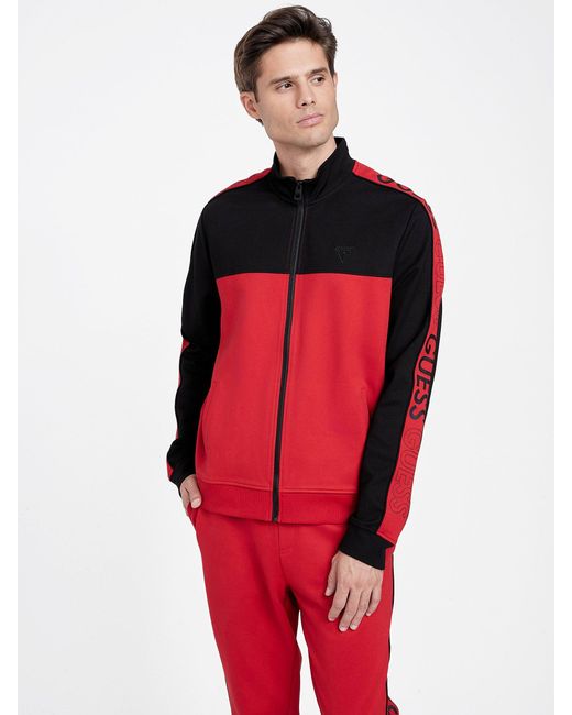 Guess Factory Red Don Color-block Logo Tape Active Zip Jacket for men