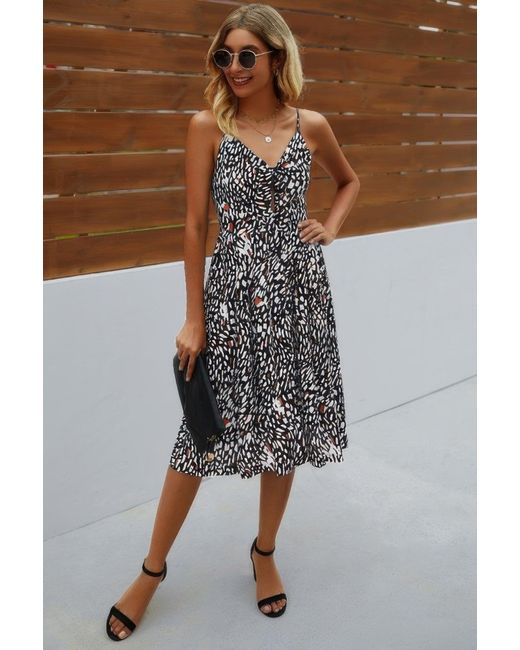 TRUEDAMES Black Fashnzfab V Neck Spaghetti Strap Leopard Cut Out Midi Dress