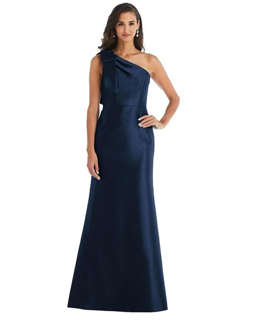 Alfred Sung Blue Bow One-shoulder Satin Trumpet Gown