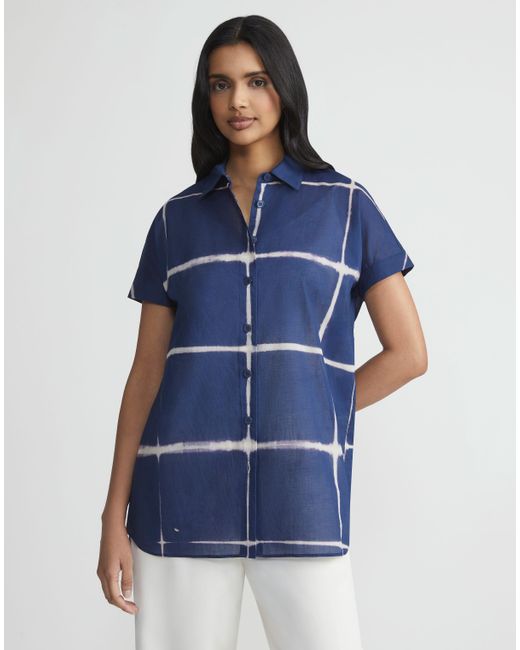Lafayette 148 New York Blue Shibori Cotton Voile Oversized Shirt