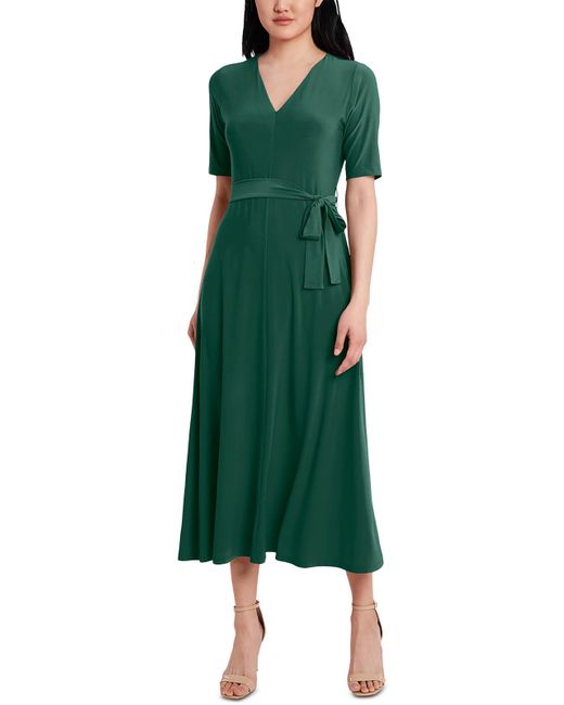 Msk Green Belted Tea Length Midi Dress