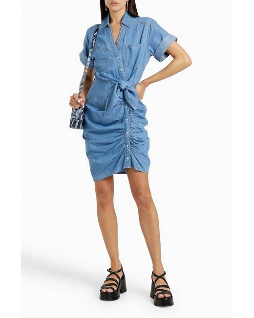 Veronica Beard Blue Hensley Ruched Mini Shirt Denim Dress