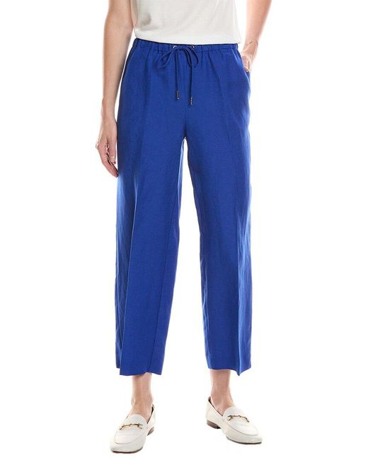 Anne Klein Blue Drawstring Linen-Blend Wide Leg Pant