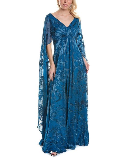 Rene Ruiz Blue Burnout Draped Cape Gown