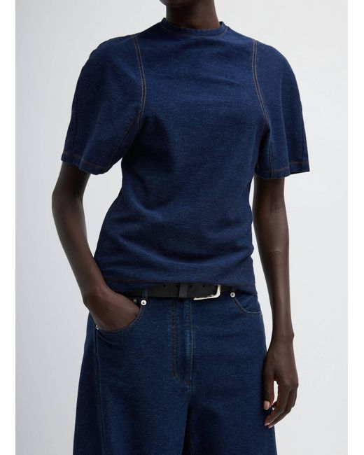 Tibi Blue Barre Denim Knit Scuplted Shrunken T-Shirt