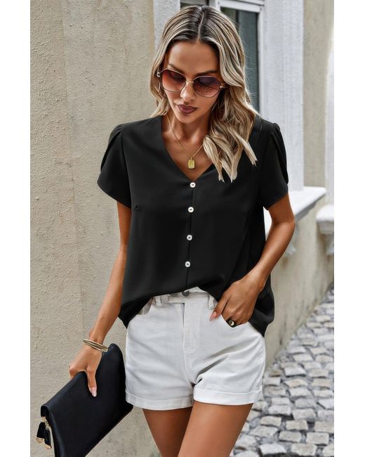 TRUEDAMES Black Solid Button Trim V Neck Loose Fit Blouse