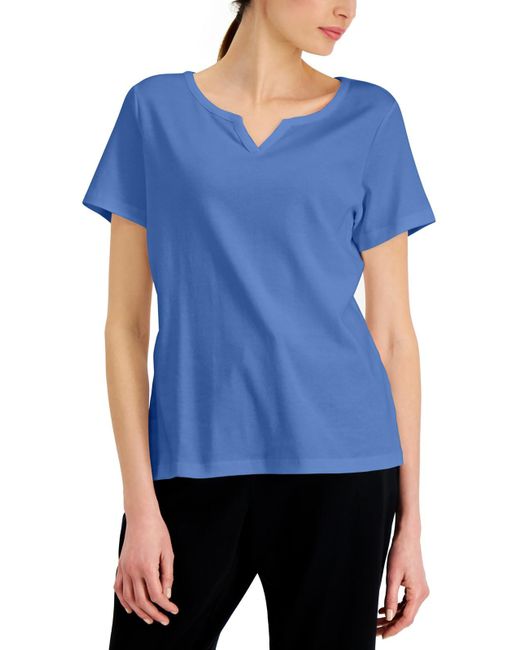 Karen Scott Blue Cotton Split Neckline T-shirt