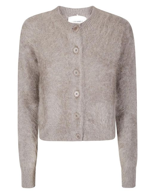 Lisa Yang Gray Cropped Cashmere Cardigan With Contrasting Neckline And Button Closure