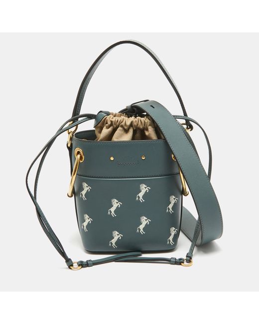 Chloé Blue /beige Leather Mini Roy Horse Embroidered Bucket Bag