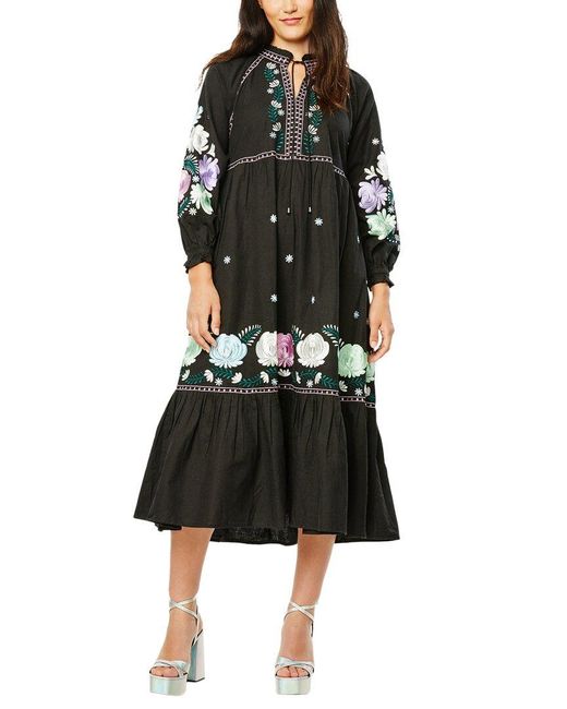 Roberta Roller Rabbit Black Lucena Embroidered Garnet Linen-blend Dress