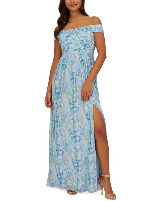 Adrianna Papell Blue Off-the-shoulder Floral Print Evening Dress
