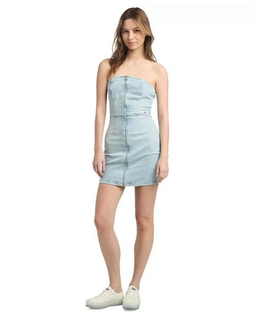 Tommy Hilfiger Blue Dress Denim Zip-Front Strapless Bodycon Fts1246