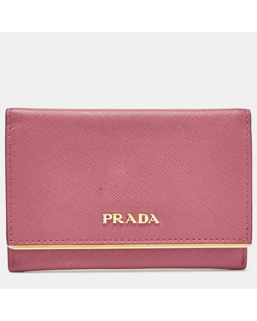 Prada Pink Saffiano Leather Flap Metal Card Holder