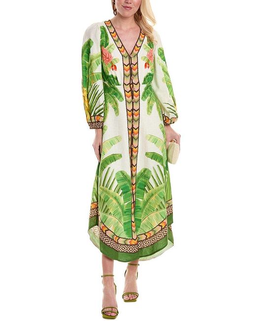 Farm Rio Green Fresh Forest Linen-blend Midi Dress