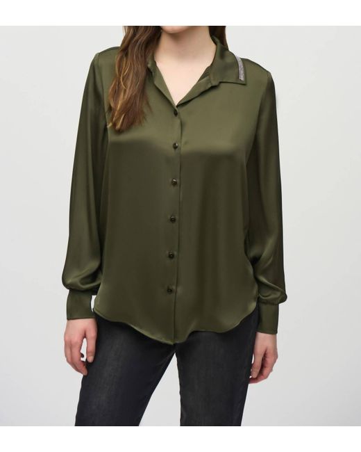 Joseph Ribkoff Green Embellished Button-Down Satin Blouse