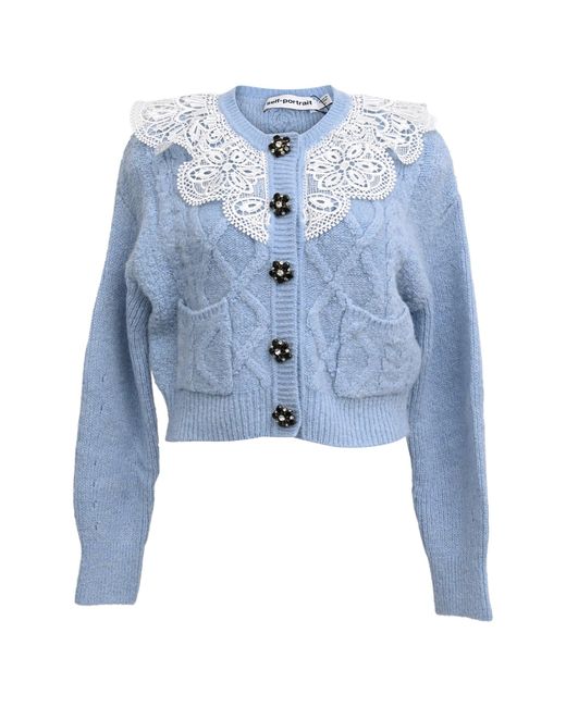 Self-Portrait Blue Cable-Knit Lace-Trimmed Cardigan
