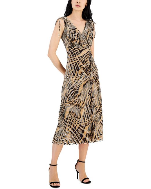 Anne Klein Natural Printed Ruched Fit & Flare Dress