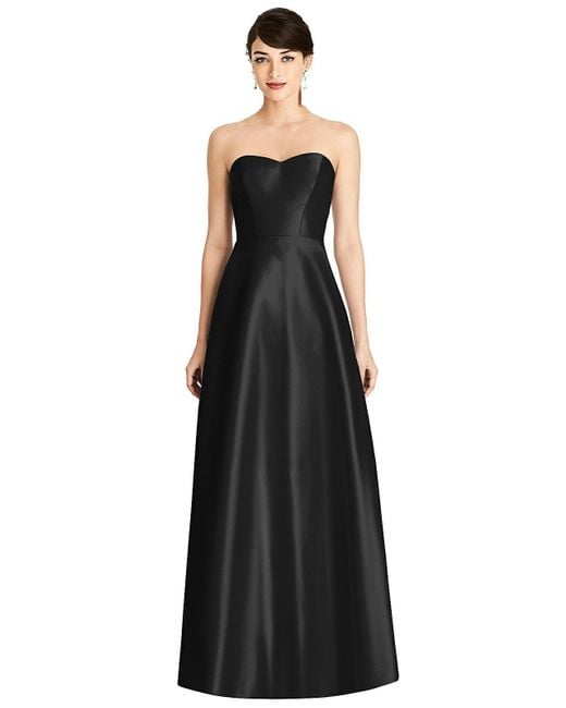 Alfred Sung Black Strapless A-line Satin Dress With Pockets
