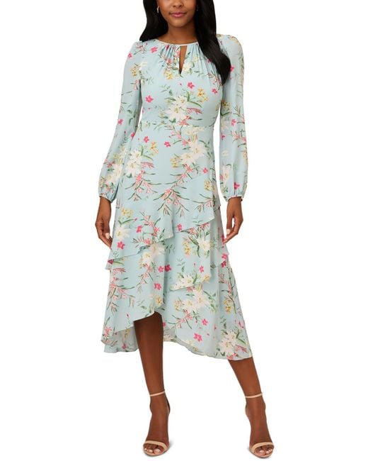 Adrianna Papell Blue Floral Print Polyester Midi Dress